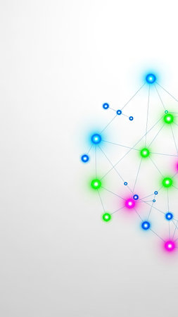 An abstract illustration shows a network of interconnected nodes, illuminated with vibrant neon colors against a minimalist white background. The composition suggests connectivity and data flow. This design could be suitable for use in visual communication, technology presentations, and commercial applications. The graphic is clean and modern.の素材
