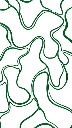 An abstract artwork features flowing green lines against a white backdrop. The design presents a fluid, organic pattern with varying line thicknesses, offering a dynamic and visual texture. This image could be applied in diverse contexts from web design to print materials, conveying a modern and sophisticated aesthetic.の素材