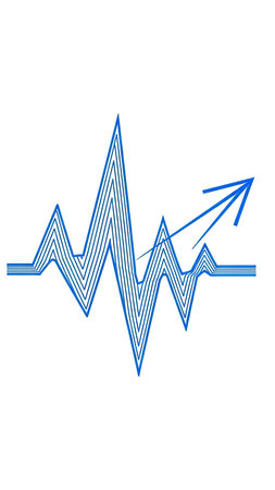 An illustration features a blue line graph with an upward arrow, set against a plain white backdrop. The composition is clean, with the lines suggesting data visualization. The graphic has a minimalist style with cool tones. Suitable for financial, business, or technology-related visual content.の素材