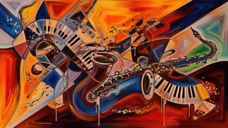 An abstract artwork features musical instruments, notably a saxophone and piano keys, in a vibrant, artistic composition. The image employs a colorful palette, with shades of orange, blue, and brown creating dynamic visual interest. The style suggests a digital illustration suitable for decorative or conceptual purposes.の素材