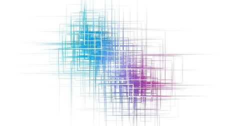 A digital illustration features overlapping lines in a gradient of blue and purple hues. The composition is clean with a white backdrop, emphasizing the geometric structure. Suitable for various applications, this design can be used for technology, design, or background purposes.の素材