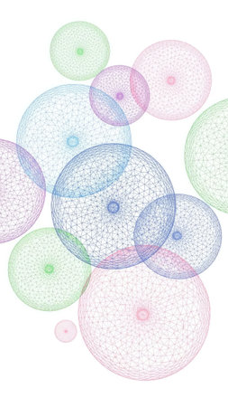 This abstract illustration features numerous translucent spheres of varying sizes. The spheres display detailed internal patterns and are rendered in soft pastel colors including blue, pink, and green against a white background. The composition utilizes an overhead perspective with diffused lighting and can be used for various design projects.の素材