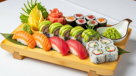 A diverse sushi selection is displayed on a wooden platter, featuring various rolls and nigiri. The composition showcases a variety of colors, textures, and arrangements. Garnishes enhance the presentation in a studio setting. This image may serve well for commercial or editorial content focused on culinary themes.の素材