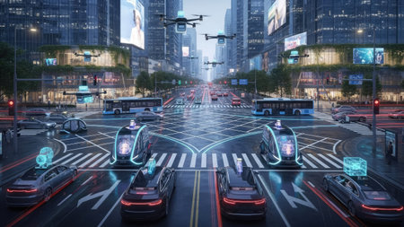 An illustration depicts a modern city with self-driving vehicles and drones. The image showcases a network of transportation and technology. The futuristic style incorporates blue and gray tones, suggesting an urban environment. It may be suitable for projects about future transportation or tech innovation.の素材