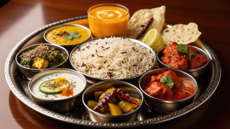 An assortment of prepared Indian dishes are presented on a circular tray. The presentation features multiple small bowls with various colorful foods like rice, curry and yogurt. The image displays natural lighting and a brown wooden surface suggests an indoor dining setting, suitable for culinary content and editorial use.の素材