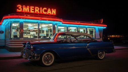 An image captures a classic diner at night with a vintage car parked outside. The scene displays vibrant neon signage, with the restaurant exterior in a retro style. The car, in a striking blue hue, adds to the vintage ambiance, evoking a sense of nostalgia. The image could be utilized for editorial and commercial projects.の素材