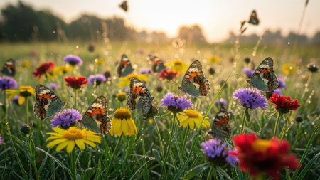 Numerous butterflies are resting on vibrant wildflowers. The composition shows various colors and textures, with soft focus and natural lighting. The setting seems outdoors, possibly during early morning hours. This image may be suitable for educational, environmental, or decorative applications.の素材