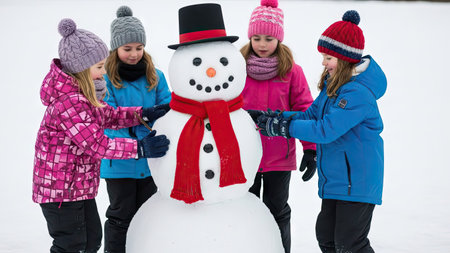 A group of children construct a snowman in a snowy outdoor environment. The image displays a well-lit scene with the children wearing winter attire. The composition is a medium shot emphasizing the subjects and their activity. Potential uses include editorial content or advertising materials.の素材