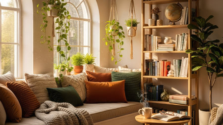 This image showcases a comfortable living space featuring a window seat adorned with pillows. Plants hang gracefully adding to the room's serene ambiance. A bookshelf filled with books completes the interior setting, which is lit by natural light. This visual can be utilized for various commercial and editorial applications.の素材