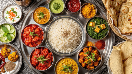 An overhead view reveals a colorful array of Indian dishes arranged artfully on a silver platter. Featuring rice, curries, and sauces, the food displays a variety of textures and colors, suggesting a festive and flavorful meal. This image could be used for culinary presentations, restaurant promotions, or food-related editorial content.の素材