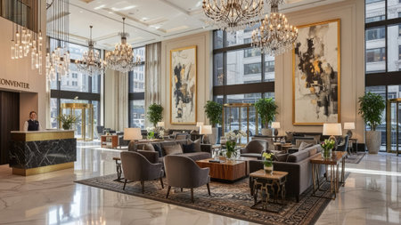 An inviting hotel lobby features a seating area with plush furniture and decorative art. Large windows allow natural light to illuminate the space, highlighting the ornate chandeliers and elegant decor. Suitable for architectural, interior design, or hospitality industry publications and marketing materials.の素材