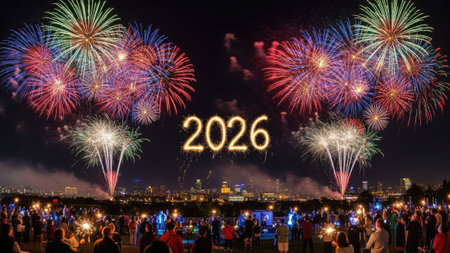 Spectacular fireworks explode in a vibrant display against a dark night sky, with the illuminated year "2026" at the center. The composition reveals a city skyline and silhouettes of people watching below. The scene is illuminated by the colorful bursts. Suitable for various celebratory and editorial purposes.の素材