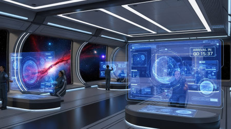 Inside a modern interior, individuals interact with large digital displays. The environment features curved architectural elements and a cool color palette. The scene presents a high-tech setting. Ideal for science fiction, technology, and futuristic concepts, the image could be used for various commercial projects and editorial content.の素材