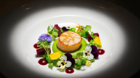 A close-up captures a scallop dish centered on a white plate. The scallop rests atop a bed of green puree, surrounded by colorful garnishes of flowers, microgreens, and vegetables. The image showcases detailed textures and a lighting technique that accentuates the presentation. Suitable for culinary and restaurant concepts.の素材
