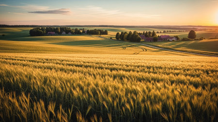 An expansive field of wheat is bathed in the warm light of sunset. The image displays a landscape of rolling hills and distant structures. The composition, colors, and lighting evoke a sense of tranquility. It could be used in various commercial or editorial contexts to represent natural beauty or agricultural themes.の素材