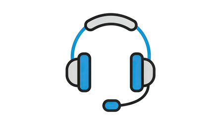 This illustration depicts a blue and white headset icon, designed with clean lines and simple shapes. The graphic showcases a headset with a microphone, suggesting communication. It is set against a plain background, making it suitable for various design uses, including digital interfaces, marketing materials, and editorial content.の素材