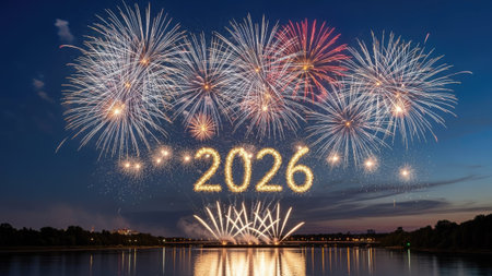 A vibrant fireworks display illuminates the night sky, featuring the illuminated year 2026. The scene showcases colorful explosions and bursts of light, set against a dark blue background. The overall composition suggests a celebratory atmosphere, suitable for various promotional or editorial applications.の素材