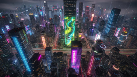 An overhead view reveals a modern cityscape dominated by towering structures. Buildings are aglow with vibrant neon lights in various colors, creating a striking contrast against the dark background. The scene suggests a nighttime environment, potentially suitable for commercial and editorial applications, showcasing technological advances.の素材