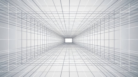 An abstract architectural interior showcases a perspective view with a complex grid pattern. The composition emphasizes lines and shapes, rendered in shades of white and gray. The overall effect creates a sense of depth and geometric precision, suggestive of design and conceptual possibilities suitable for commercial applications.の素材