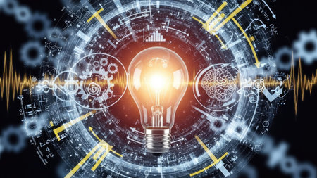 A light bulb glows brightly at the center of a complex digital interface. The composition showcases a fusion of technology and creativity, using gradients of blue and yellow. The lighting is focused, suggesting a concept of illumination. The image is suitable for commercial and editorial applications illustrating invention or problem solving.の素材