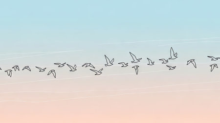 A flock of birds soars across a gradient sky. Outlined birds in a minimalist style depict movement. The composition features a blend of soft colors, creating a tranquil atmosphere. This image is suitable for various commercial uses, including website design and editorial content.の素材