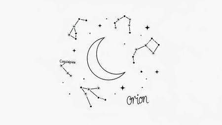 An illustration features a crescent moon surrounded by interconnected dots forming constellations. The artwork presents a minimalist style with fine lines. The composition employs a central focus. Suitable for educational materials, design projects, and various visual media applications, it conveys a celestial theme.の素材