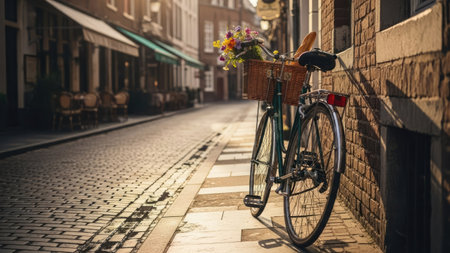 A bicycle, adorned with a basket of flowers and baguette, is parked on a cobblestone street. The scene is illuminated by warm, ambient lighting, showcasing the bicycle's silhouette against a backdrop of buildings. This image could be suitable for various commercial purposes, including travel and lifestyle content.の素材