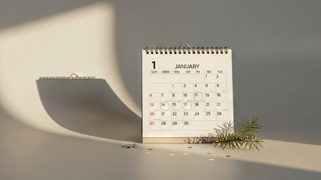 A desk calendar shows January 1st, illuminated by natural sunlight. The image features a neutral color palette, highlighting the calendar's details. Shadow play creates interesting shapes and textures, and a small sprig adds a natural element. This image may be useful for illustrating time, planning, or seasonal themes.の素材