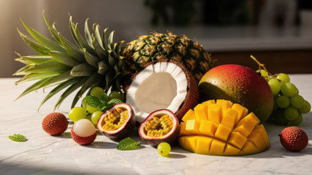 A vibrant assortment of tropical fruits is arranged on a light-colored surface. The composition includes a pineapple, coconut, mango, grapes, passion fruit, and lychees. The image showcases natural textures and colors, with sunlight casting soft shadows. Suitable for various commercial and editorial applications, emphasizing freshness and natural foods.の素材