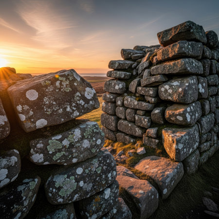 An aged stone wall structure is prominently featured against a vibrant sunset sky. The scene is illuminated with warm, golden light, highlighting the rough texture and various colors of the stones. The composition suggests an outdoor environment, possibly a rural or natural landscape suitable for a wide range of editorial or commercial purposes.の素材
