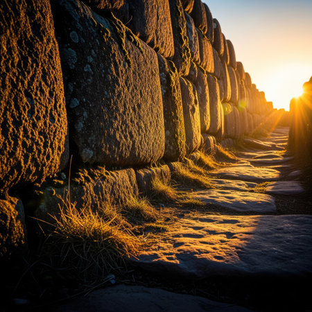 An aged stone wall lines a rough pathway, bathed in warm golden light. The scene features textured stones, highlighting the effects of the sun. The composition suggests an outdoor environment, possibly historical or archeological in nature, and could be used for various editorial or commercial projects.の素材