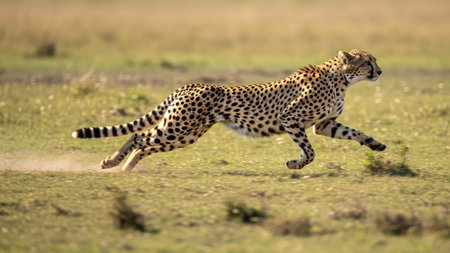 A cheetah is captured mid-stride, showcasing its agility and speed across a grassy plain. The image exhibits warm, earthy tones with a shallow depth of field, blurring the background. This photograph could be used for wildlife documentaries, educational materials, or environmental campaigns.の素材