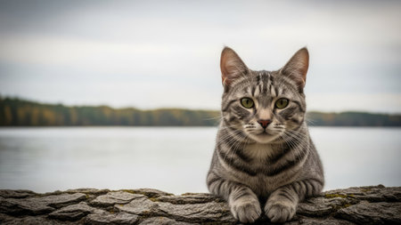 A cat sits calmly, gazing directly forward against a soft-focus backdrop. The scene presents natural colors and textures, suggesting an outdoor environment on a slightly overcast day. Suitable for various visual communication applications, it offers ample copy space and versatility for commercial projects.の素材