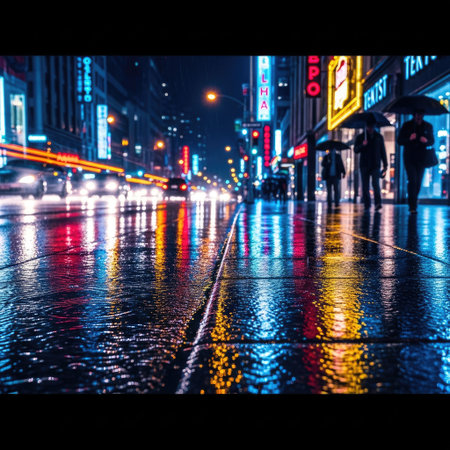 A nighttime cityscape is depicted with a focus on a wet street surface reflecting vibrant neon lights. Silhouetted figures with umbrellas walk along the street. The composition showcases the urban environment, suggesting possibilities for commercial design and visual media.の素材