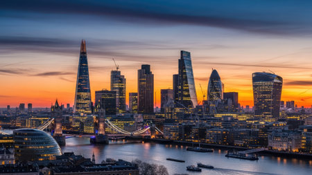 An aerial view presents a modern cityscape at dusk, showcasing numerous skyscrapers. The composition highlights geometric building forms and a river. Warm sunset hues of orange and yellow contrast against darker building silhouettes. This image could be suitable for various commercial uses, including website backgrounds and travel publications.の素材