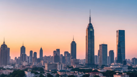 A cityscape at sunset features silhouettes of skyscrapers against a vibrant sky. The buildings display a range of modern architectural designs. Soft, warm colors dominate the scene, suggesting an evening setting. The image could be used for various commercial or editorial purposes, representing urban development.の素材