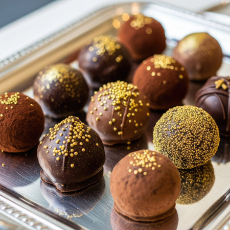 An overhead shot showcases a selection of artisan chocolate truffles. These sweet treats feature a variety of chocolate coatings and decorative sprinkles. The composition is arranged on a shiny silver tray, suggesting a high-end presentation. The image could be used for culinary publications, advertising, or as visual content for food-related projects.の素材