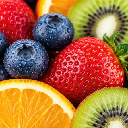 This close-up image showcases an assortment of vibrant fruits including strawberries, blueberries, orange slices, and kiwi. The composition presents a colorful array of textures and shapes, highlighted by natural lighting. Suitable for use in various commercial applications, it could be used for advertising or editorial content related to health and food.の素材