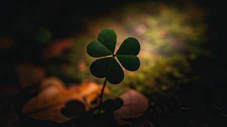 A close-up captures a vibrant green three-leaf clover, its delicate leaves contrasting against a soft, blurred background. Warm, diffused lighting enhances the textures and details. This natural composition may be suitable for illustrating themes of luck, nature, or environmental concepts, and has applications in various commercial contexts.の素材
