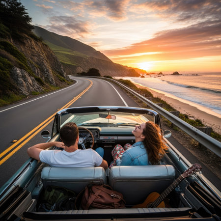 A couple enjoys a scenic drive in a convertible along a winding coastal road as the sun sets. The image showcases warm colors, with a focus on the car's interior and the surrounding natural environment. It may be suitable for travel, lifestyle, or adventure-themed publications.の素材