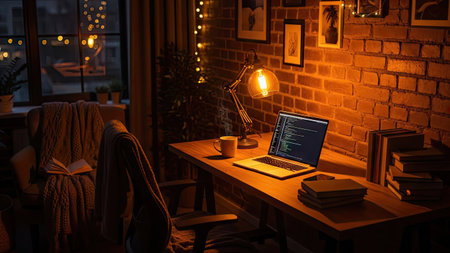 A home office setting features a laptop on a wooden desk with a lamp, cup, and books. The brick wall provides a rustic backdrop enhanced by ambient lighting. The scene is illuminated by warm tones, creating an inviting atmosphere suitable for creative projects or remote work. This image could be used for editorial and commercial purposes.の素材