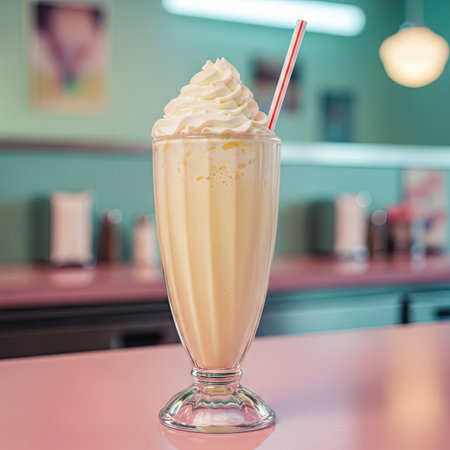 A tall glass of vanilla milkshake is topped with whipped cream and a red and white straw. The scene takes place in a diner, with a pink countertop in the foreground and a blurred background. The image has soft lighting and suggests refreshment. Suitable for advertising, food blogs, or editorial content.の素材