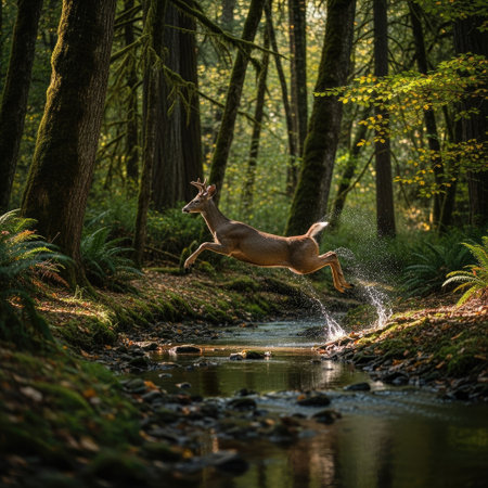 A deer leaps over a stream in a vibrant forest setting. The scene showcases natural light filtering through the trees, illuminating the animal and water. The composition highlights the harmony of nature. Suitable for various editorial and commercial applications. The image has a calm and serene feel.の素材