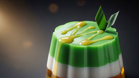 This image showcases a layered dessert with vibrant green, white, and brown segments. The dessert is adorned with yellow streaks and a decorative leaf element. The composition is set against a dark background, suggesting a studio setting, ideal for commercial or editorial applications related to food or culinary content.の素材
