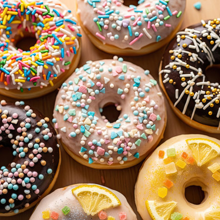 An overhead view displays a colorful assortment of glazed donuts. Various colors of frosting and sprinkles decorate the pastries. The composition suggests a sweet, tempting treat, possibly for advertising or editorial use. The scene is bright and inviting, perfect for food-related projects.の素材