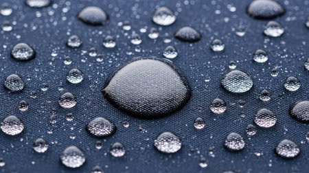 This macro photograph showcases water droplets on a dark blue textile. The droplets vary in size and clarity, creating a textured surface. The image exhibits soft lighting, highlighting the transparency and shape of the water. Suitable for illustrating moisture, material science, or abstract concepts in various design projects.の素材