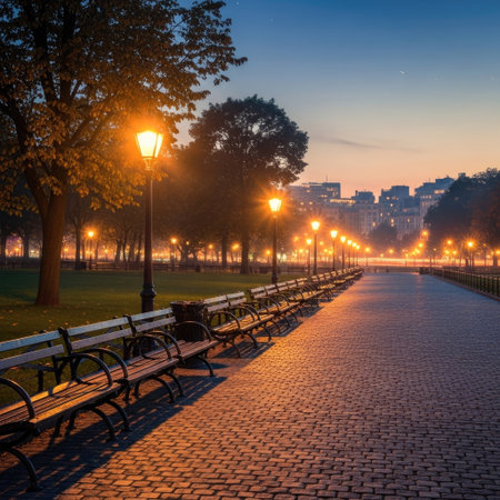 An outdoor photograph captures a park at dusk, featuring a row of benches under streetlights. The scene showcases a path lined with trees and lit by warm-toned artificial illumination. The composition suggests a public space, possibly for recreational activities, set against a cityscape in the background, suitable for various editorial uses.の素材