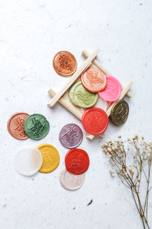 Colorful wax seal stamps on white marble background. Top view.の写真素材