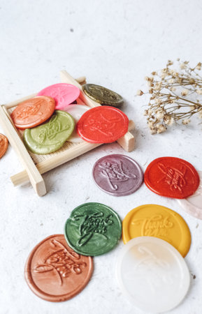 Close up of colorful wax seal stamps on wooden tray over white backgroundの写真素材