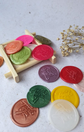Colorful of wax seal stamp on wooden tray with white background.の写真素材